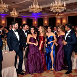 An elegant scene featuring men and women dressed in formal attire at a sophisticated event