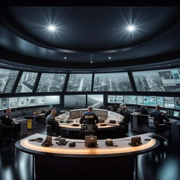 A well-lit glass penthouse office, designed as a SWAT control room with five officers at screens on an arc console, plus another officer at a separate desk with a screen, taking inspiration from the architecture in the provided link.