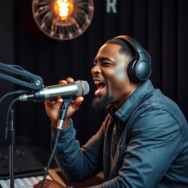 A man with headphones on, passionately rapping into a studio microphone