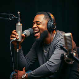 A man with headphones on, passionately rapping into a studio microphone