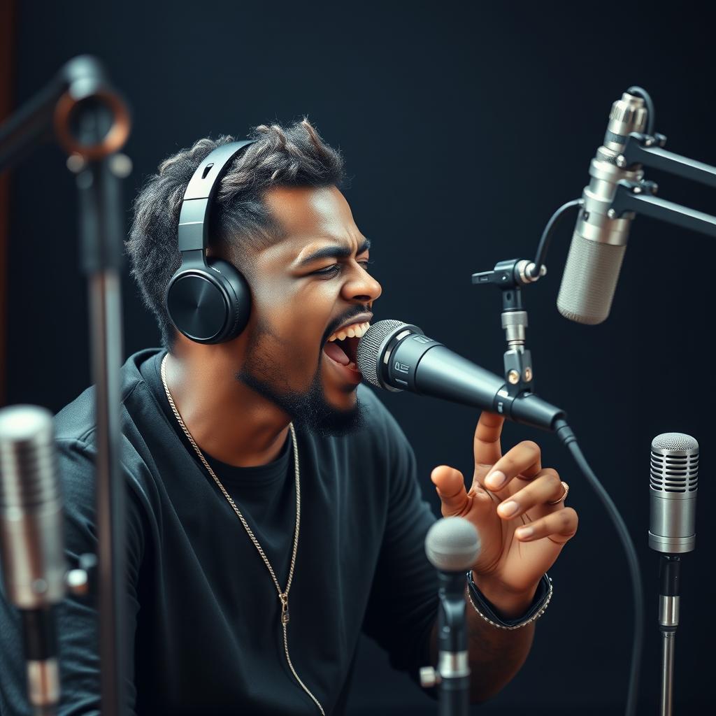 A man with headphones on, passionately rapping into a studio microphone