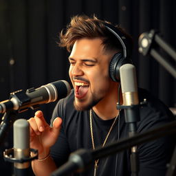 A man with headphones on, passionately rapping into a studio microphone