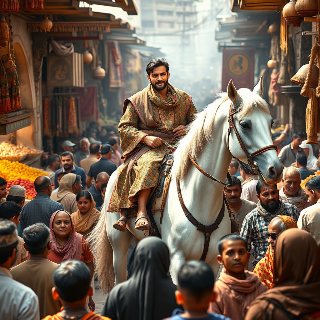 A majestic scene depicting a man riding a bright white horse through a lively old bazaar