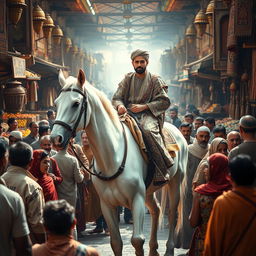 A majestic scene depicting a man riding a bright white horse through a lively old bazaar