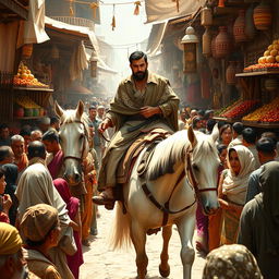 A majestic scene depicting a man riding a bright white horse through a lively old bazaar