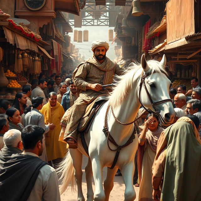 A majestic scene depicting a man riding a bright white horse through a lively old bazaar