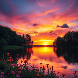 A stunning landscape featuring a vibrant sunset over a serene lake