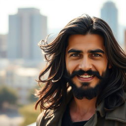 A portrait of a strong, confident man with long, flowing black hair and a well-groomed black beard