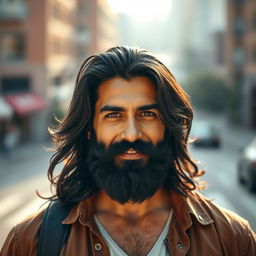 A portrait of a strong, confident man with long, flowing black hair and a well-groomed black beard