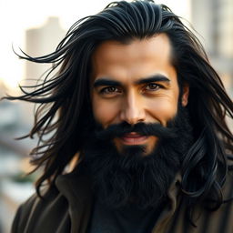 A portrait of a strong, confident man with long, flowing black hair and a well-groomed black beard