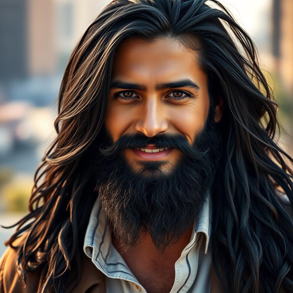 A portrait of a strong, confident man with long, flowing black hair and a well-groomed black beard