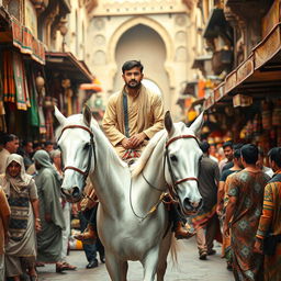A man dressed in traditional clothing riding a bright white horse, gracefully moving through a bustling old bazaar
