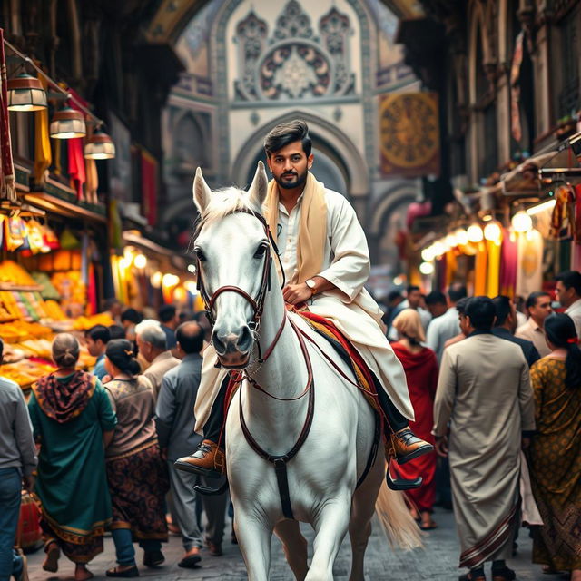 A man dressed in traditional clothing riding a bright white horse, gracefully moving through a bustling old bazaar