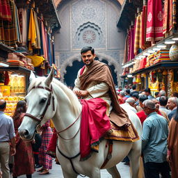A man dressed in traditional clothing riding a bright white horse, gracefully moving through a bustling old bazaar