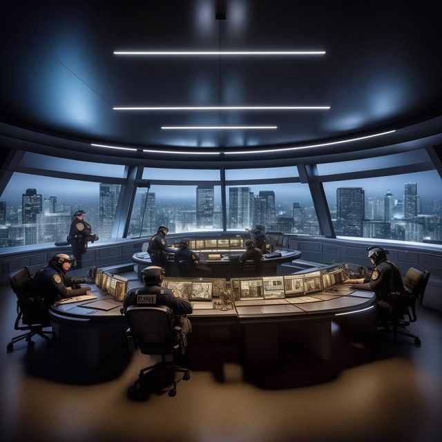 A well-lit, glass penthouse office designed as a SWAT control room, featuring five officers seated at screens on an arc console, and another officer sitting alone at a separate desk and screen, using design inspiration from the provided link.