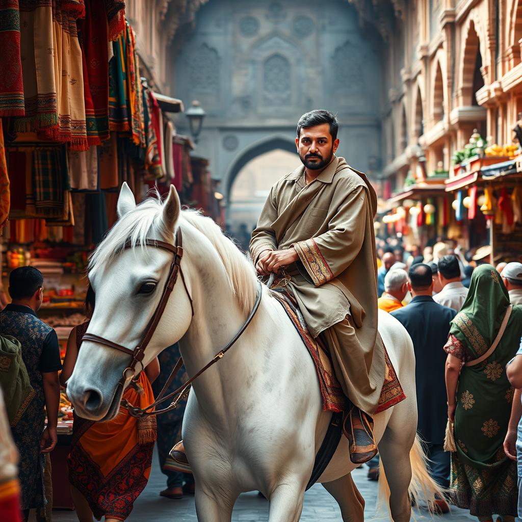 A man dressed in traditional clothing riding a bright white horse, gracefully moving through a bustling old bazaar