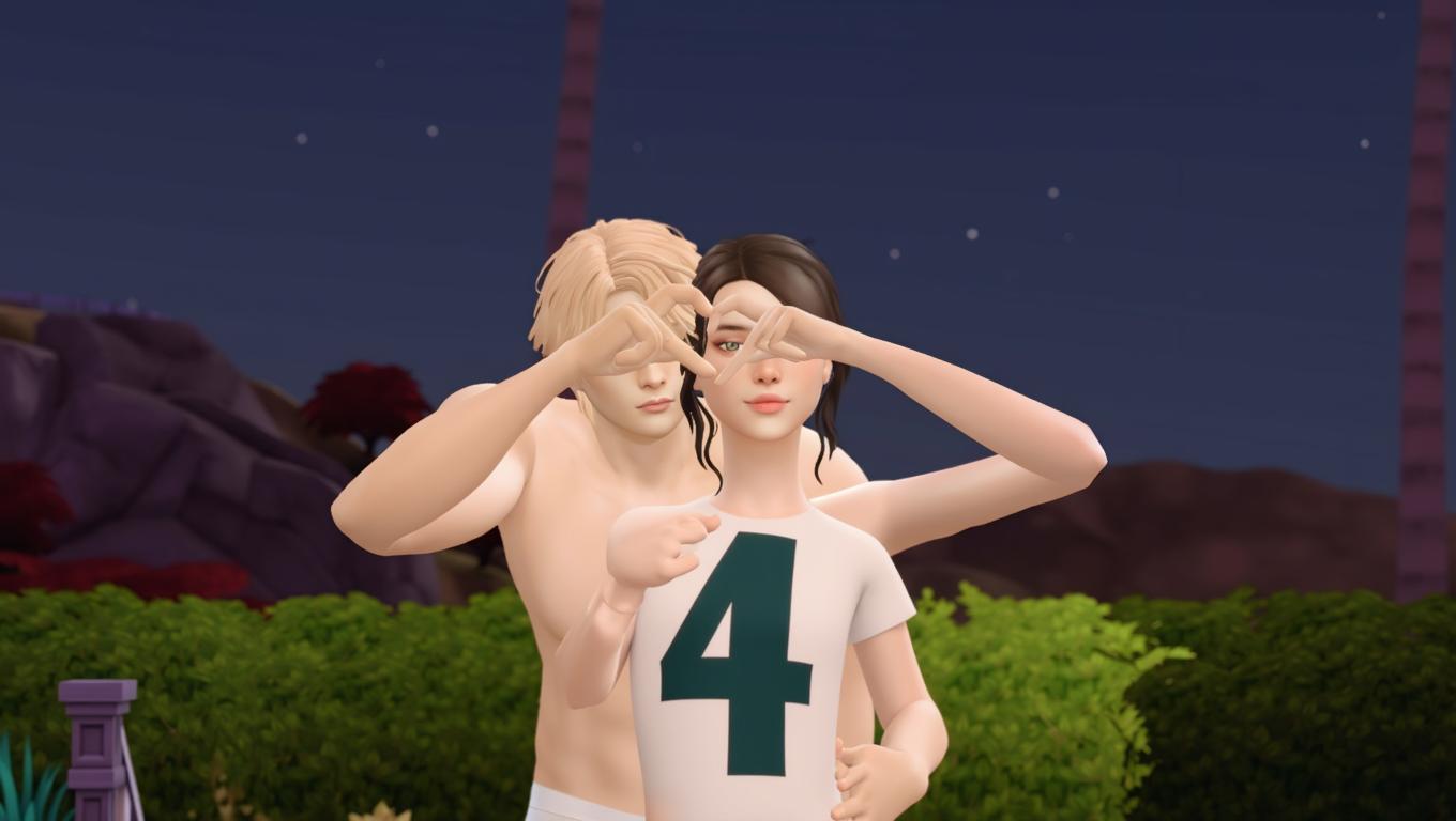 A romantic scene at night with a couple embracing in a lush garden filled with vibrant flowers and ambient lighting