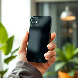 A close-up shot of a stylish hand holding an iPhone 13, showcasing the sleek design of the phone with its glossy finish and vibrant screen