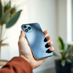 A close-up shot of a stylish hand holding an iPhone 13, showcasing the sleek design of the phone with its glossy finish and vibrant screen