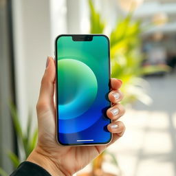 A close-up shot of a stylish hand holding an iPhone 13, showcasing the sleek design of the phone with its glossy finish and vibrant screen