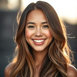 A stunning portrait of a person with long, flowing hair that cascades down their shoulders and back, beautifully styled and shimmering
