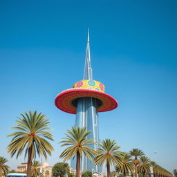 An oversized whimsical hat perched on top of the iconic Khalifa Tower in Dubai