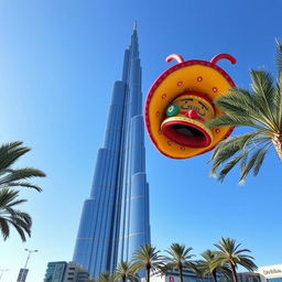 An oversized whimsical hat perched on top of the iconic Khalifa Tower in Dubai