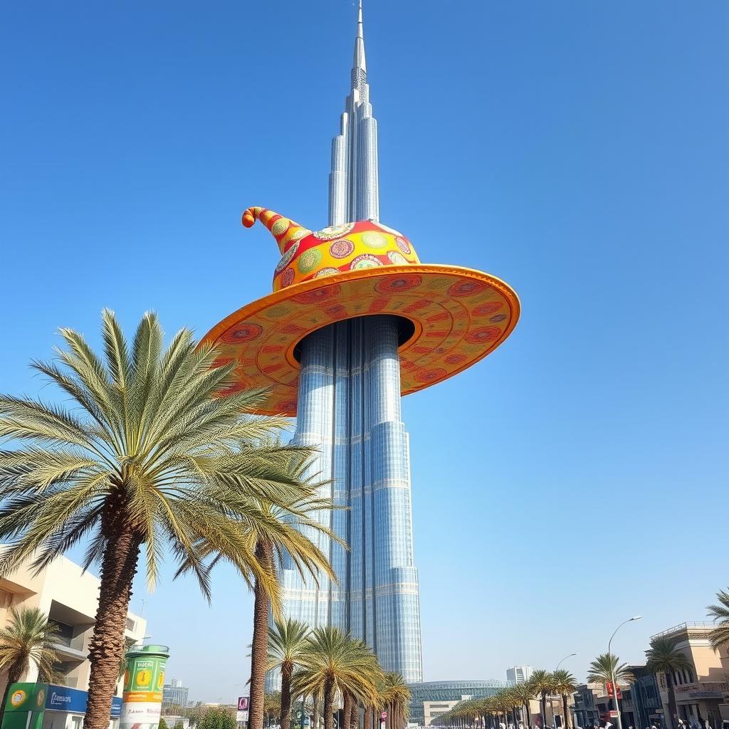 An oversized whimsical hat perched on top of the iconic Khalifa Tower in Dubai