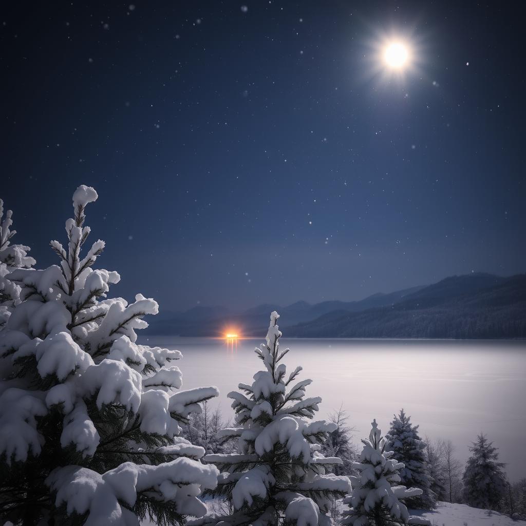 A serene winter night scene featuring gently falling snowflakes, illuminating the landscape with a soft, shimmering glow