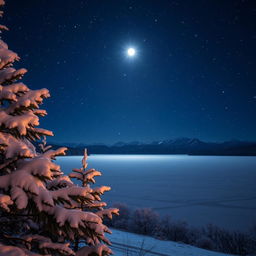 A serene winter night scene featuring gently falling snowflakes, illuminating the landscape with a soft, shimmering glow