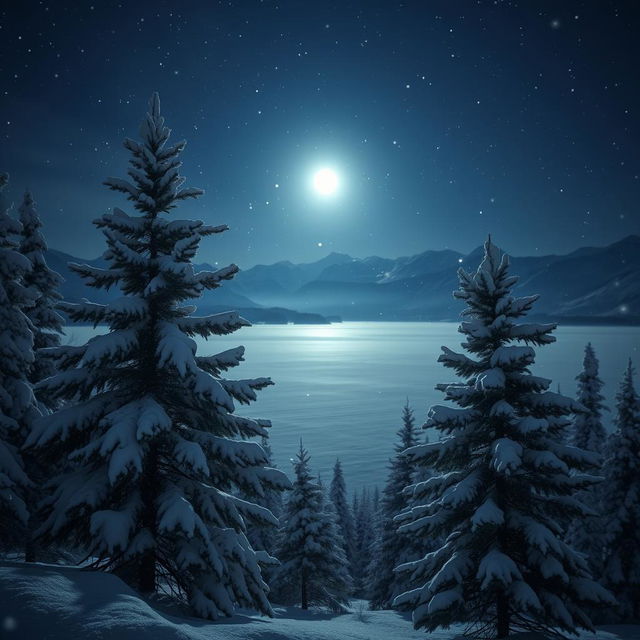 A serene winter night scene featuring gently falling snowflakes, illuminating the landscape with a soft, shimmering glow