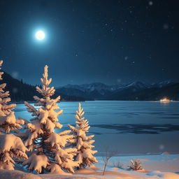 A serene winter night scene featuring gently falling snowflakes, illuminating the landscape with a soft, shimmering glow