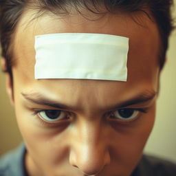 A close-up shot of a person with a visible bandage on their forehead, indicating an injury