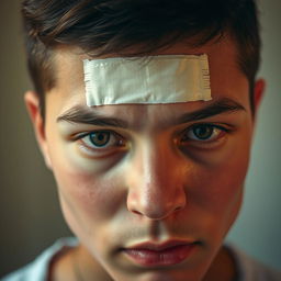 A close-up shot of a person with a visible bandage on their forehead, indicating an injury