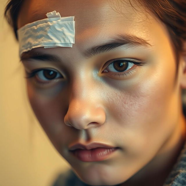 A close-up shot of a person with a visible bandage on their forehead, indicating an injury