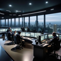 A well-lit, glass penthouse office designed as a SWAT control room, featuring five officers seated at screens on an arc console, and another officer sitting alone at a separate desk and screen, using design inspiration from the provided link.