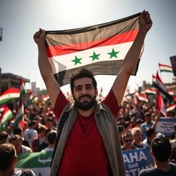 Abdul Basit Al-Sarout, a brave Syrian revolutionary, proudly holding the Syrian revolution flag high above his head