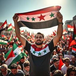 Abdul Basit Al-Sarout, a brave Syrian revolutionary, proudly holding the Syrian revolution flag high above his head