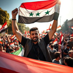 Abdul Basit Al-Sarout, a brave Syrian revolutionary, proudly holding the Syrian revolution flag high above his head