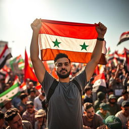 Abdul Basit Al-Sarout, a brave Syrian revolutionary, proudly holding the Syrian revolution flag high above his head