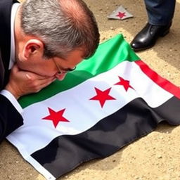 Bashar al-Assad kissing the Syrian revolution flag, which is lying on the ground