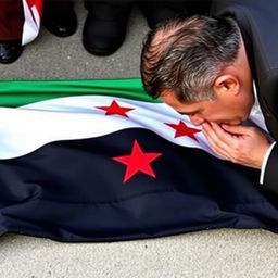 Bashar al-Assad kissing the Syrian revolution flag, which is lying on the ground