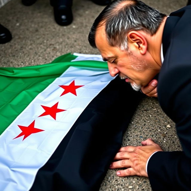 Bashar al-Assad kissing the Syrian revolution flag, which is lying on the ground