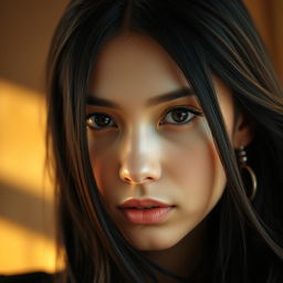 A close-up portrait of a striking woman with long flowing black hair, captivating features, and deep, expressive eyes
