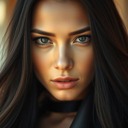 A close-up portrait of a striking woman with long flowing black hair, captivating features, and deep, expressive eyes