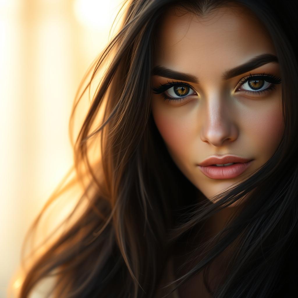 A close-up portrait of a striking woman with long flowing black hair, captivating features, and deep, expressive eyes