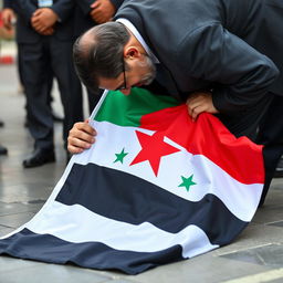 Bashar al-Assad, the former president of Syria, is seen bending down to kiss the Syrian revolution flag, which is placed on the ground