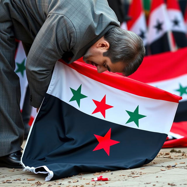 Bashar al-Assad, the former president of Syria, is seen bending down to kiss the Syrian revolution flag, which is placed on the ground