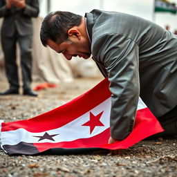 Bashar al-Assad, the former president of Syria, is seen bending down to kiss the Syrian revolution flag, which is placed on the ground