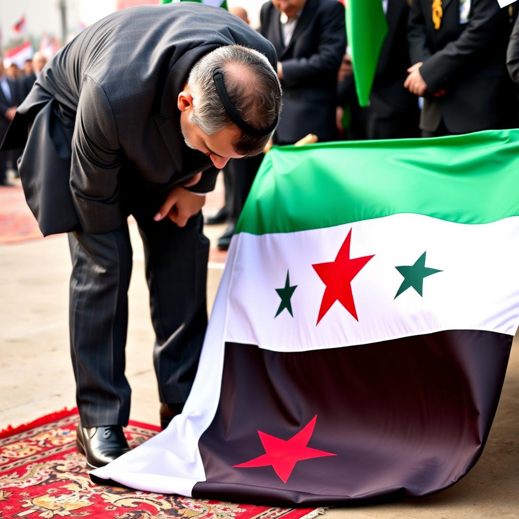 Bashar al-Assad, the former president of Syria, is seen bending down to kiss the Syrian revolution flag, which is placed on the ground